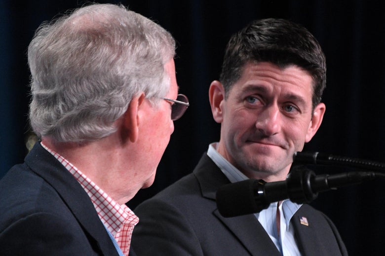 House Speaker Paul Ryan (R) and Senate majority leader Mitch McConnell (L) deliver a speech in White Sulphur Springs, West Viriginia during the Republican party retreat on February 01, 20108.
/ AFP PHOTO / JIM WATSON (Photo credit should read JIM WATSON/AFP/Getty Images)